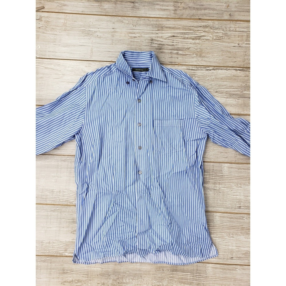 Ermenegildo Zegna Mens Blue White Striped Cotton Button Down Shirt Size XL